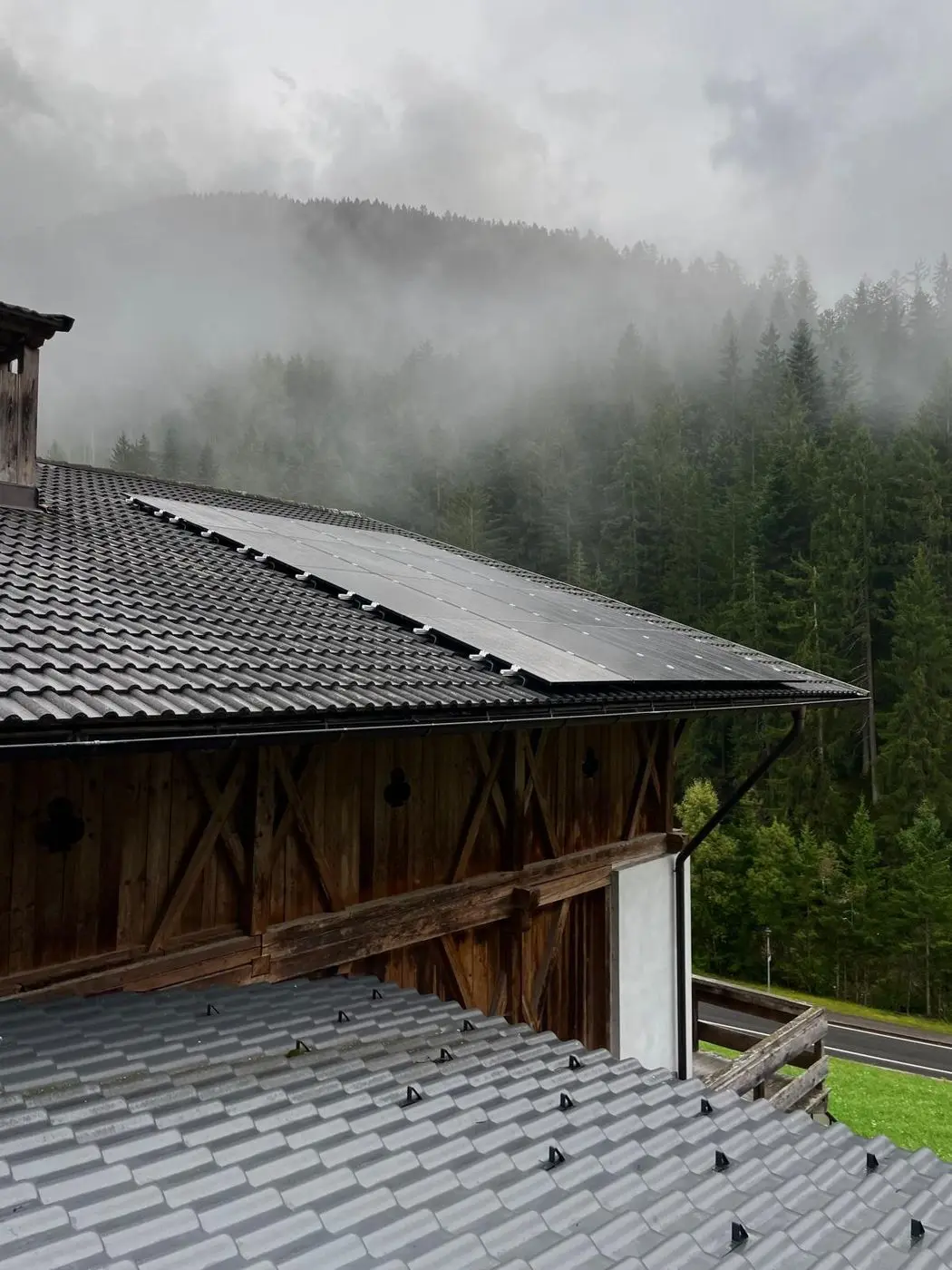 Photovoltaikanlage auf einem Dach im Nebel, umgeben von Wald